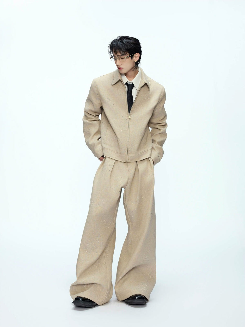 Rhinestone Shimmer Cropped Jacket and Wide-Leg Pants Set - COPPING THREADS - Argue Culture