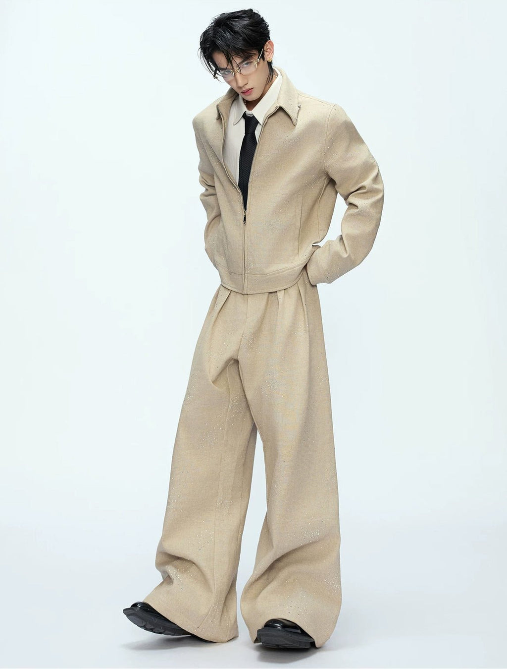 Rhinestone Shimmer Cropped Jacket and Wide-Leg Pants Set - COPPING THREADS - Argue Culture