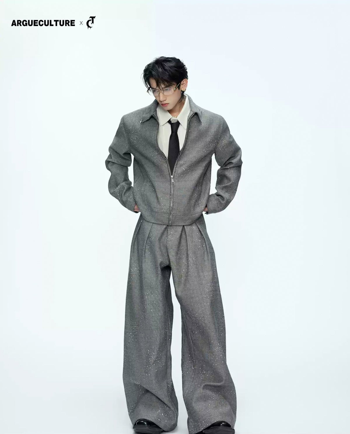 Rhinestone Shimmer Cropped Jacket and Wide-Leg Pants Set - COPPING THREADS - Argue Culture