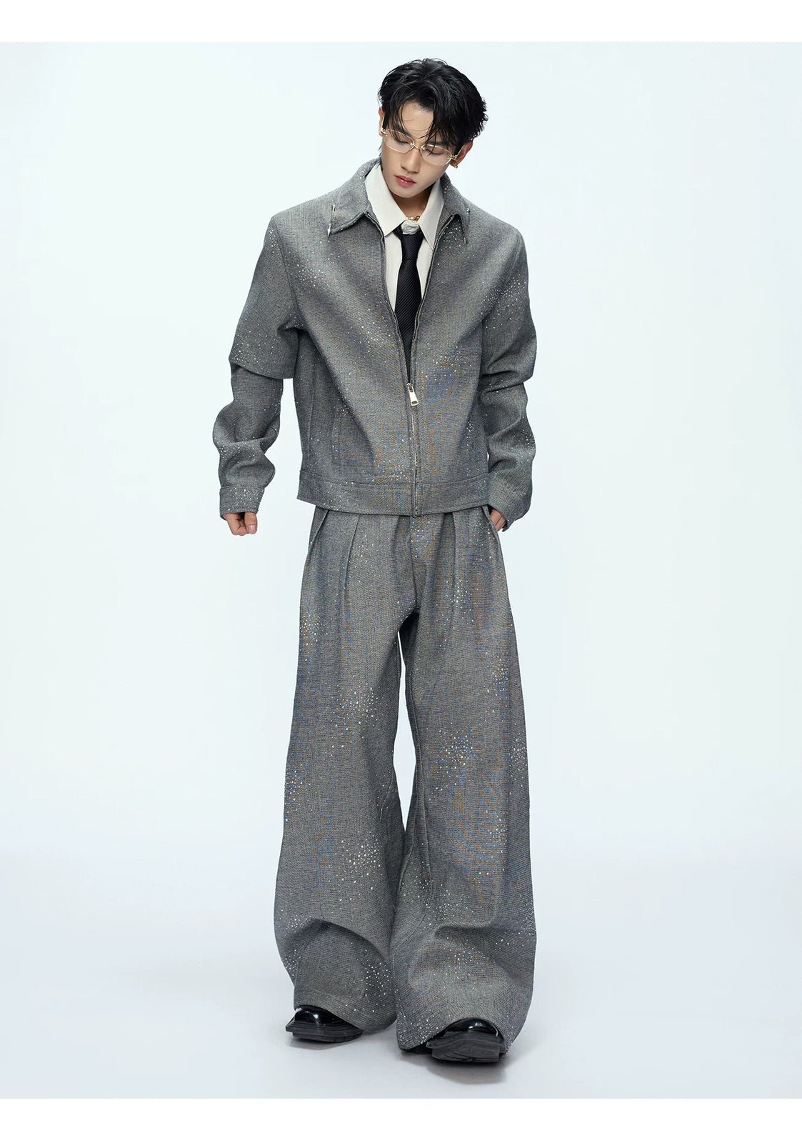 Rhinestone Shimmer Cropped Jacket and Wide-Leg Pants Set - COPPING THREADS - Argue Culture