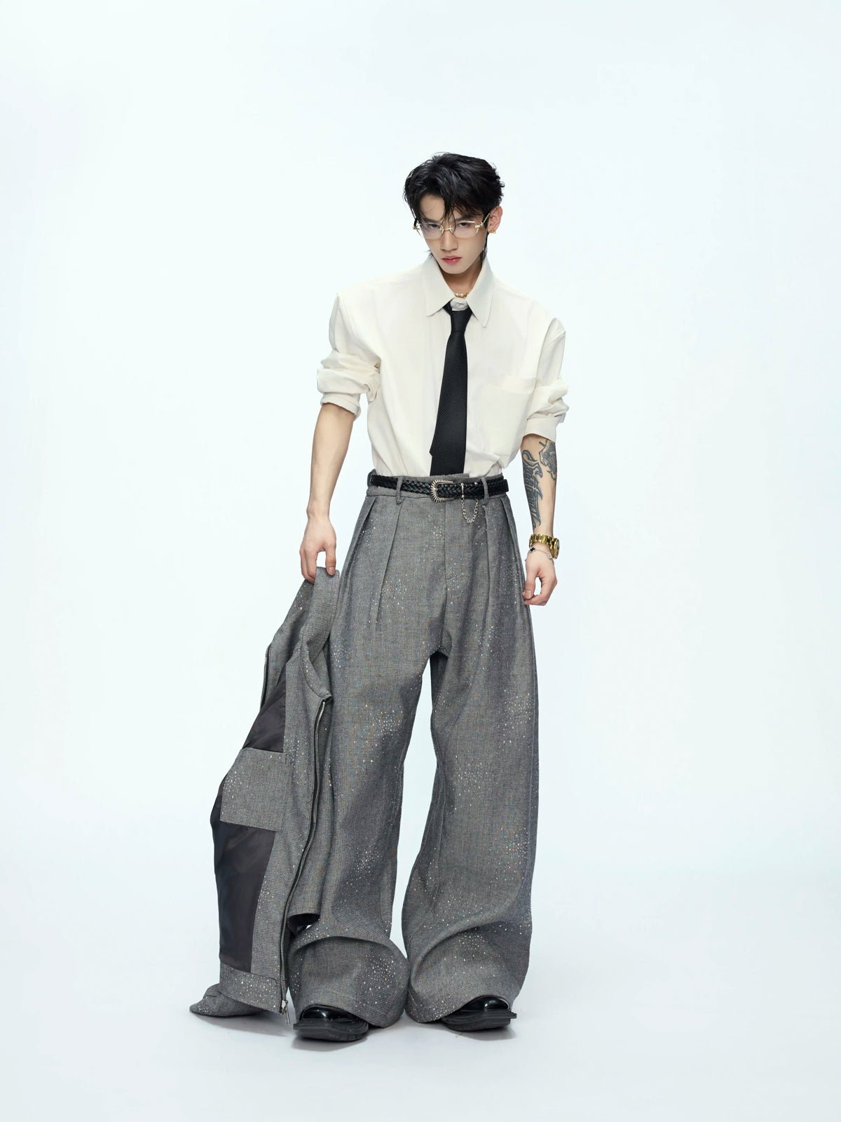 Rhinestone Shimmer Cropped Jacket and Wide-Leg Pants Set - COPPING THREADS - Argue Culture