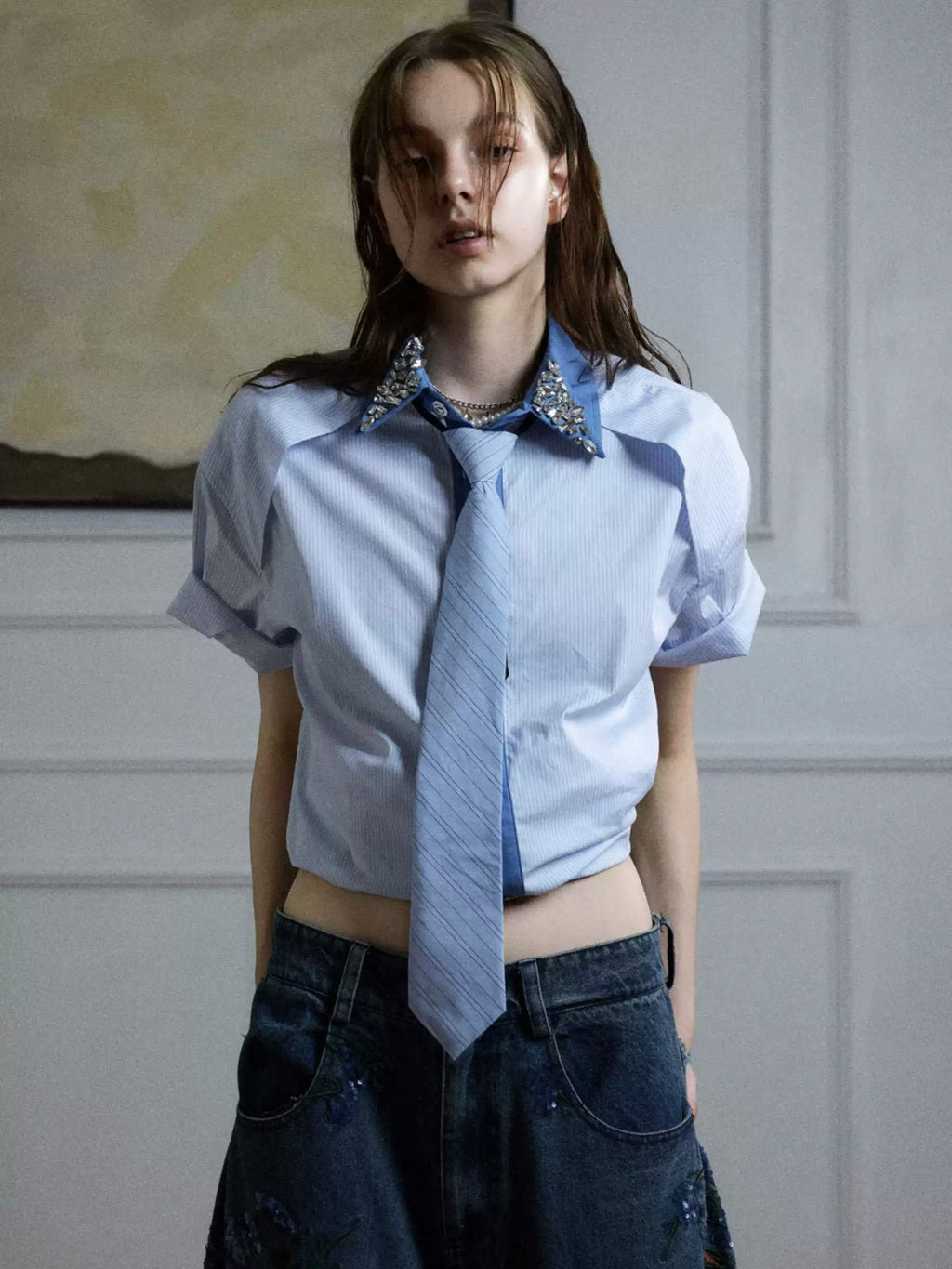 Rhinestone Stripe Tie-Collar Shirt - COPPING THREADS - Argue Culture