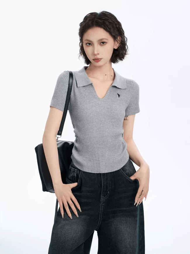 Ribbed V - Neck Fitted Polo Knit Tee - COPPING THREADS - CT Select Hover Image