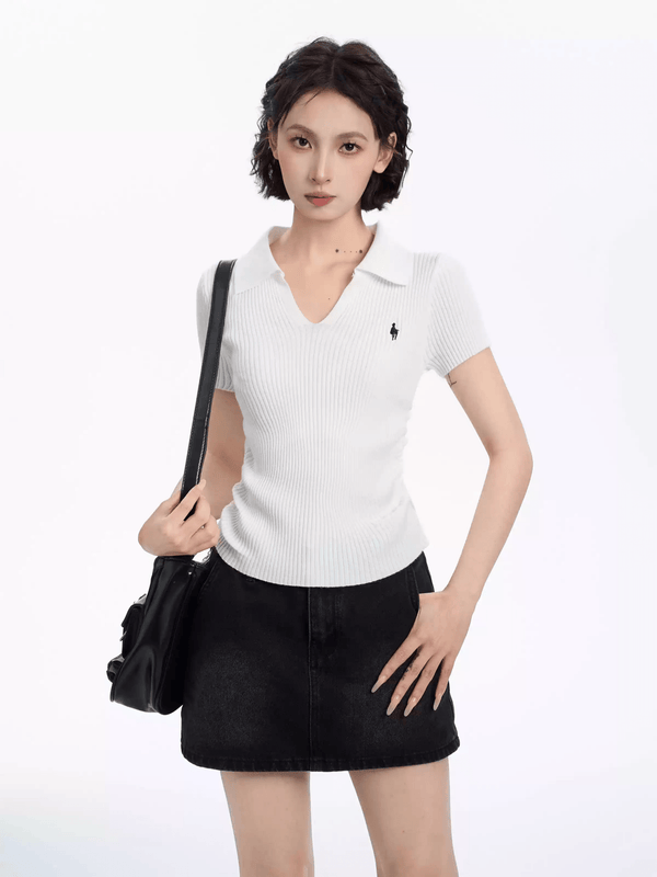Ribbed V - Neck Fitted Polo Knit Tee - COPPING THREADS - CT Select