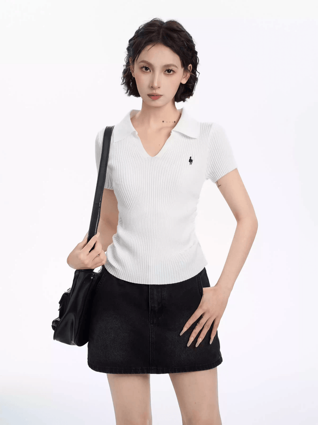 Ribbed V-Neck Fitted Polo Knit Tee Main Image