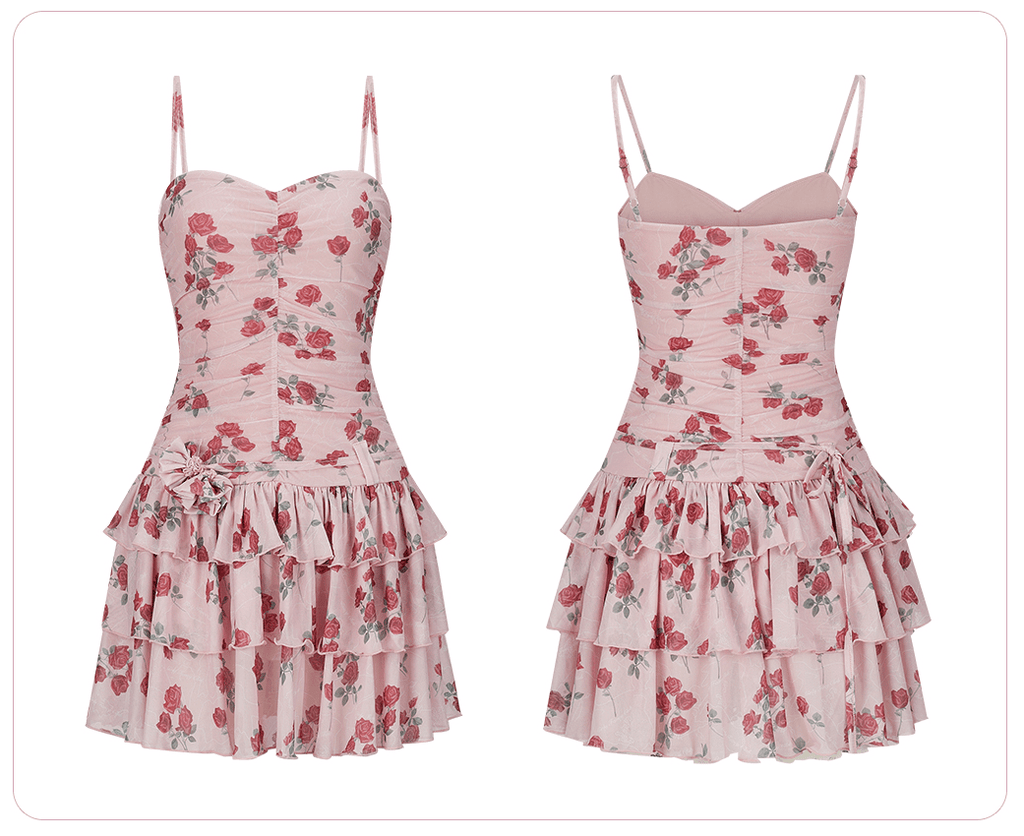 Rose Print Mesh Layered Mini Dress - COPPING THREADS - Girly Fancy