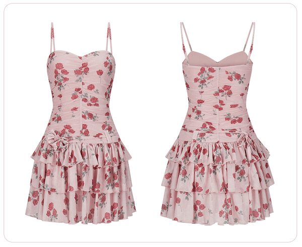 Rose Print Mesh Layered Mini Dress - COPPING THREADS - Girly Fancy