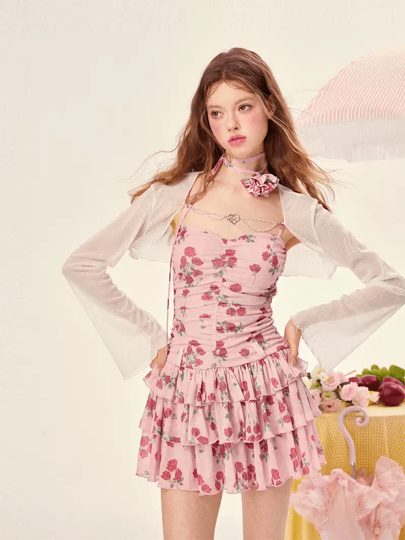 Rose Print Mesh Layered Mini Dress - COPPING THREADS - Girly Fancy