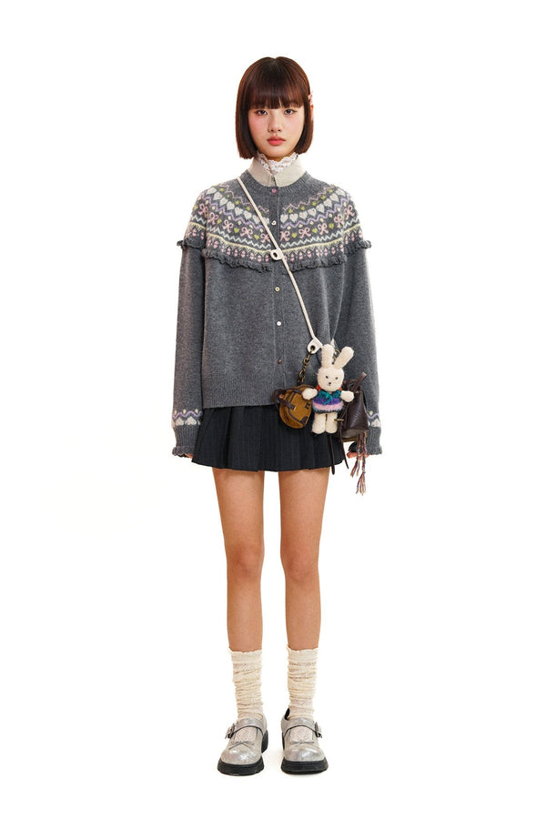Round Neck Fair Isle Butterfly Pattern Knitted Cardigan - COPPING THREADS - MOROMORO
