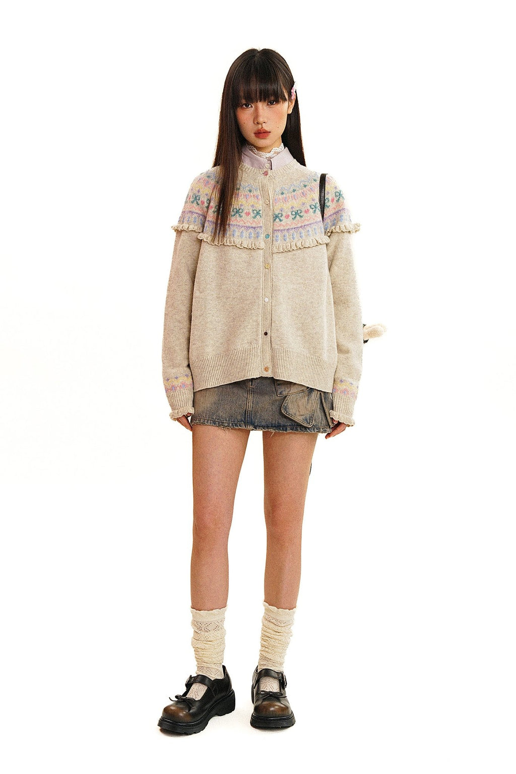 Round Neck Fair Isle Butterfly Pattern Knitted Cardigan - COPPING THREADS - MOROMORO