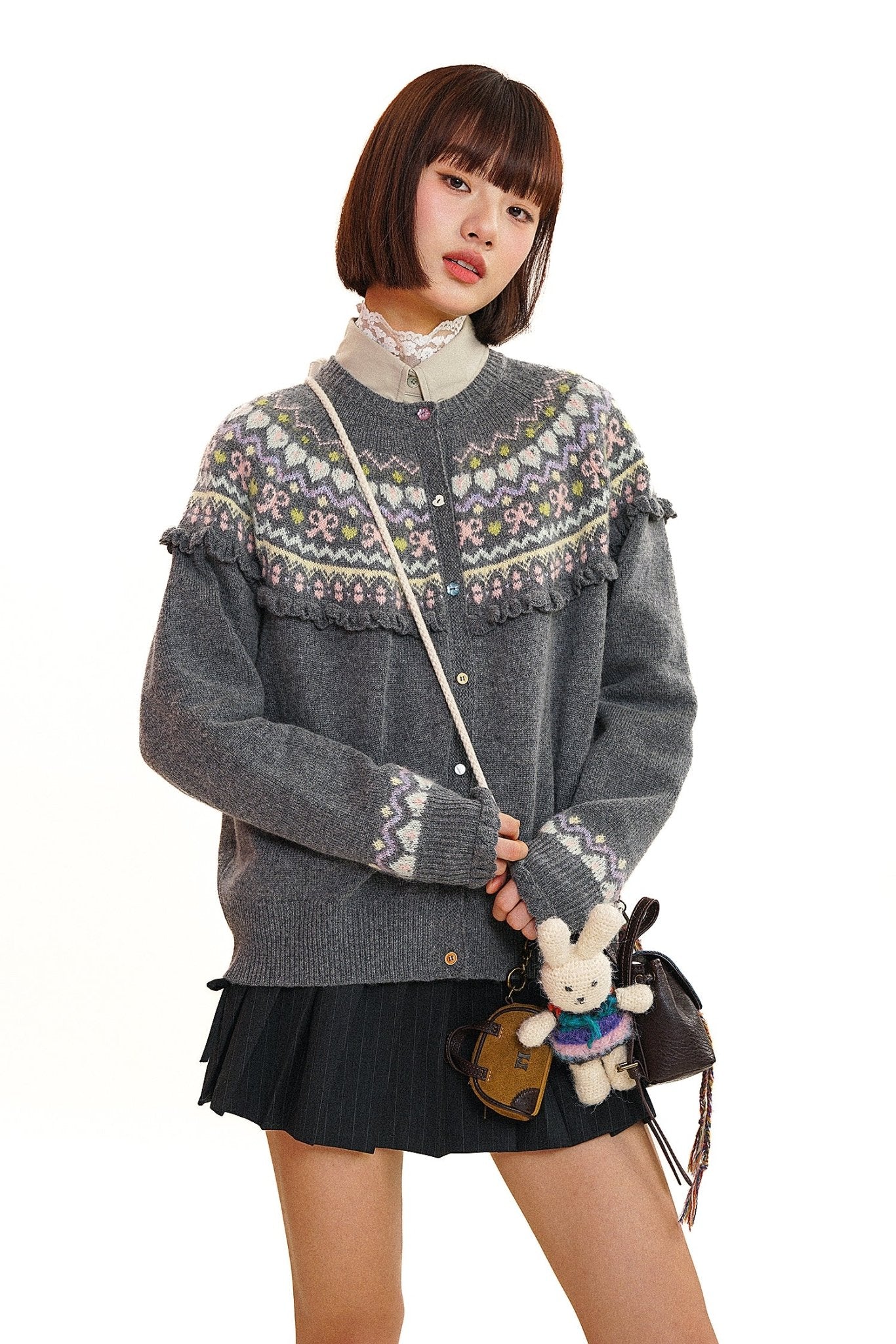 Round Neck Fair Isle Butterfly Pattern Knitted Cardigan - COPPING THREADS - MOROMORO