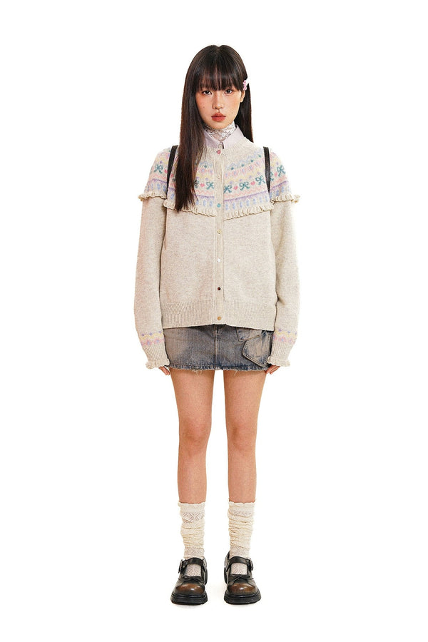 Round Neck Fair Isle Butterfly Pattern Knitted Cardigan - COPPING THREADS - MOROMORO