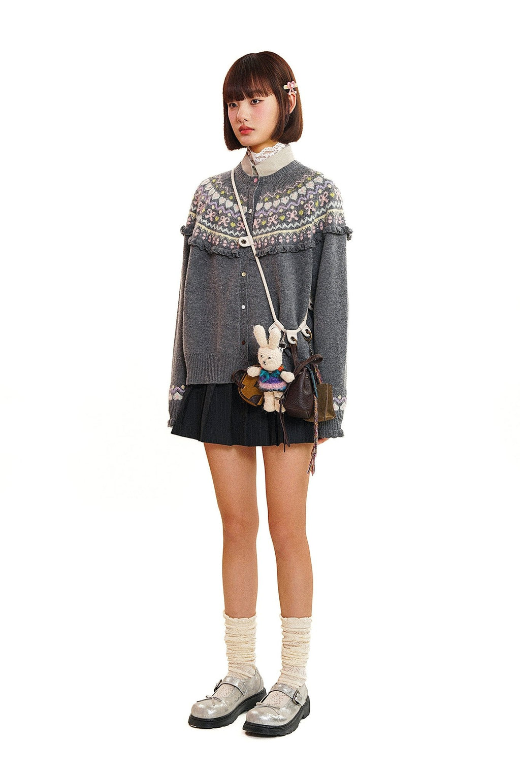 Round Neck Fair Isle Butterfly Pattern Knitted Cardigan - COPPING THREADS - MOROMORO