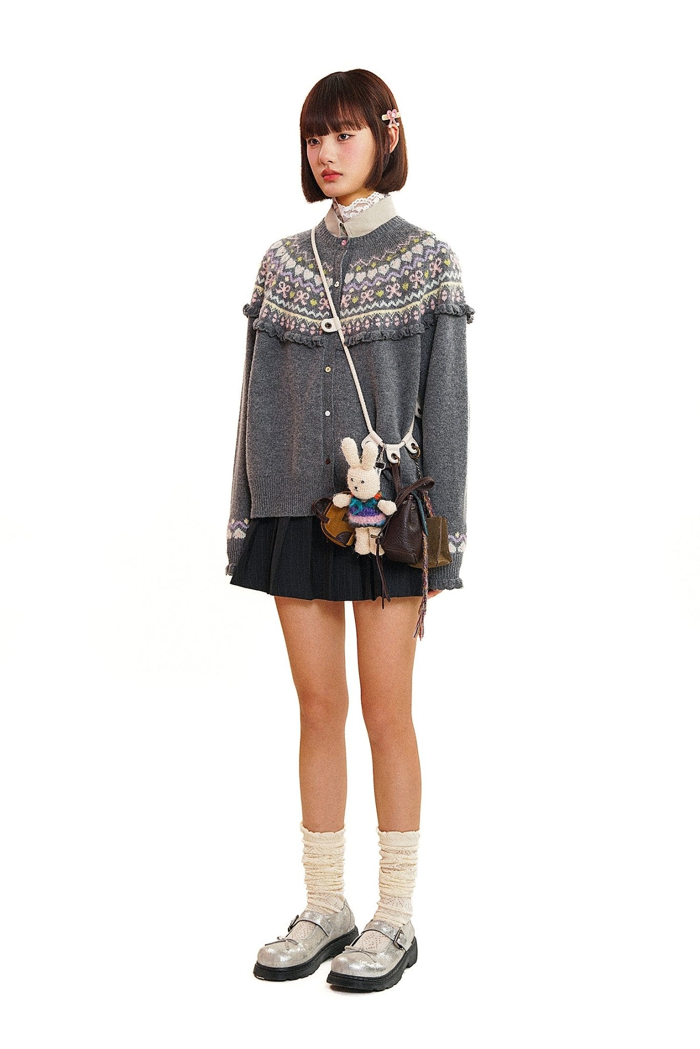 Round Neck Fair Isle Butterfly Pattern Knitted Cardigan - COPPING THREADS - MOROMORO
