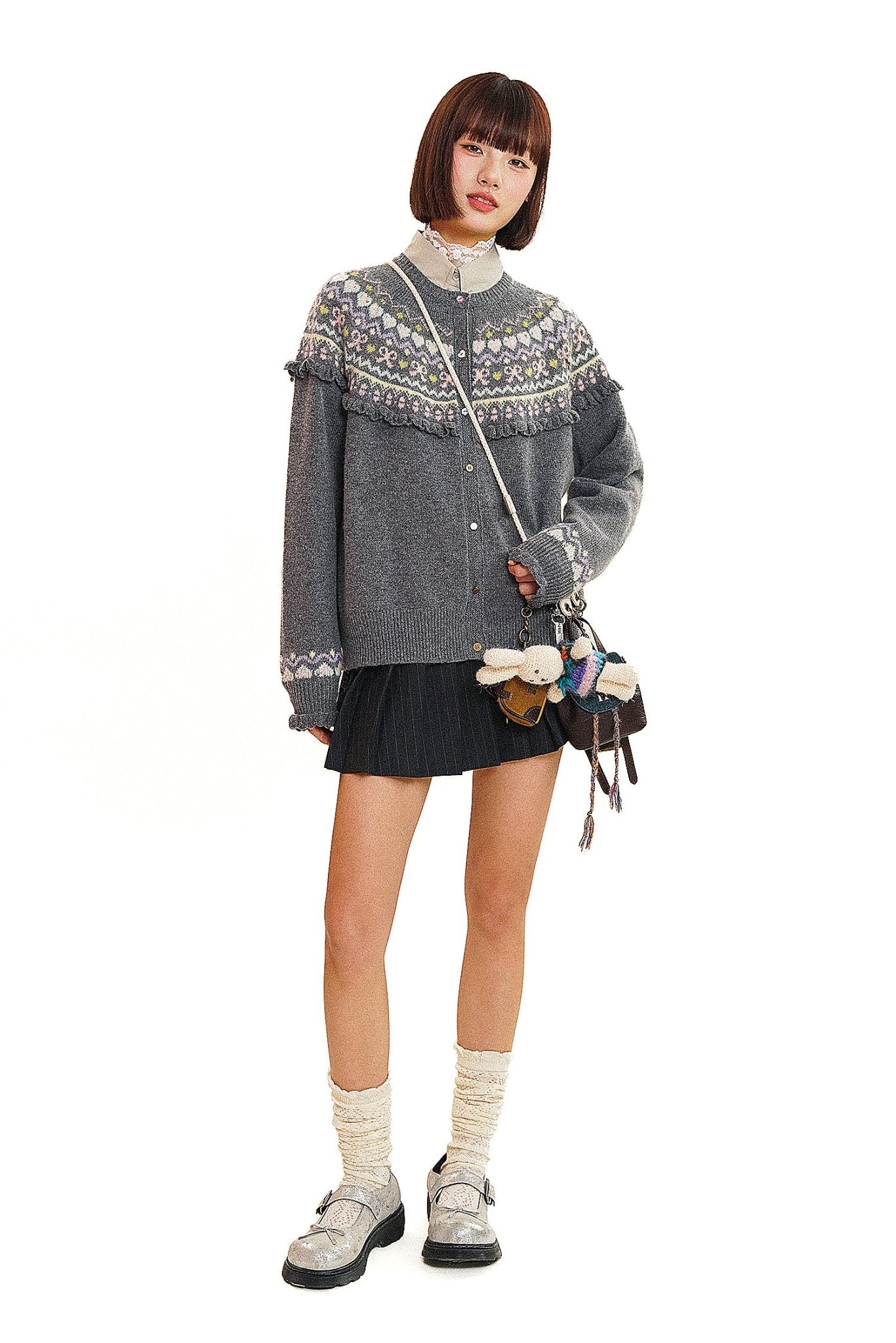 Round Neck Fair Isle Butterfly Pattern Knitted Cardigan - COPPING THREADS - MOROMORO