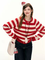 Round Neck Striped Button - Up Knit Cardigan Sweater - COPPING THREADS - ELEVEN SLEEP