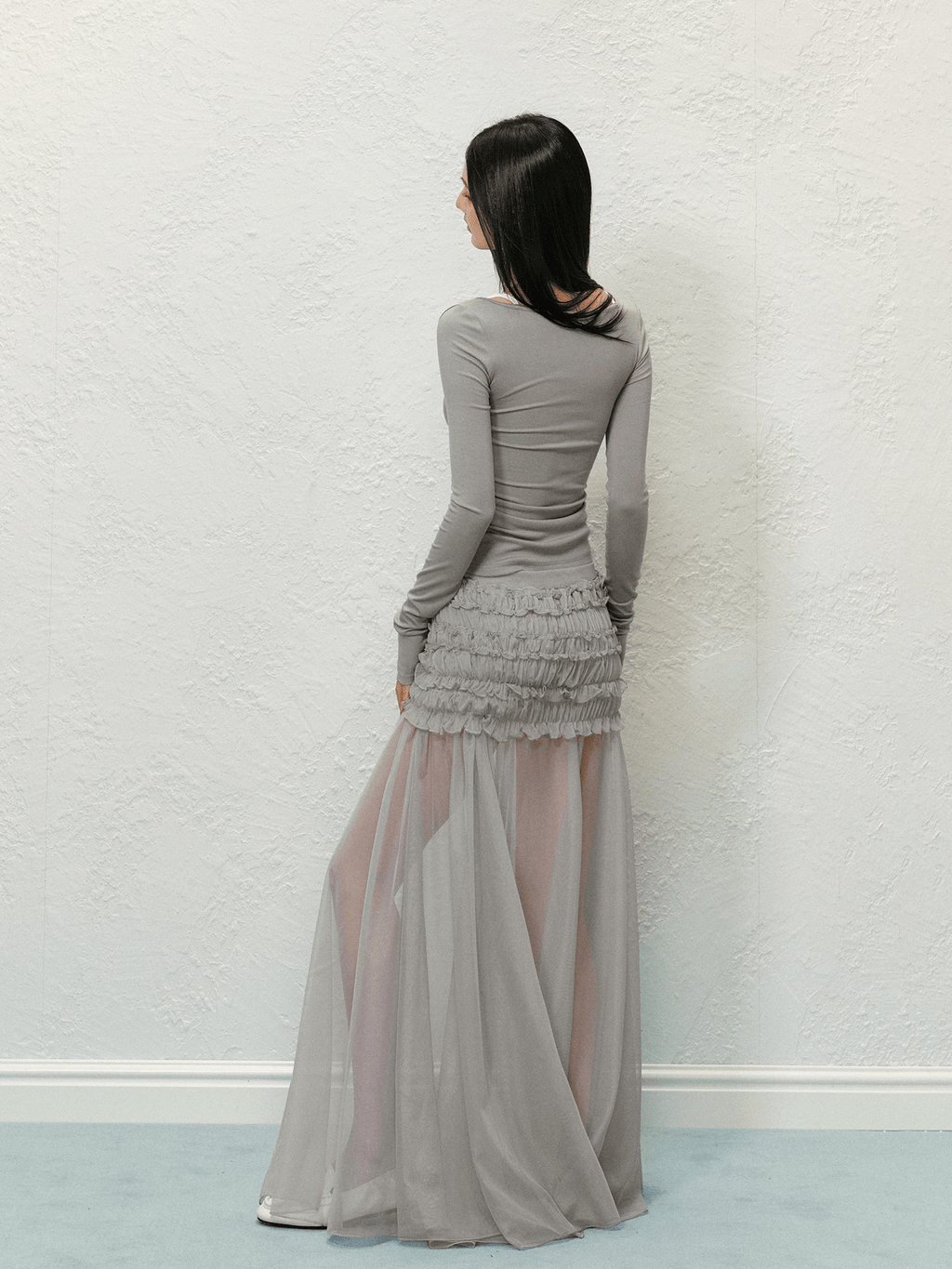 Ruched Mesh Panel Maxi Skirt - COPPING THREADS - AGAM