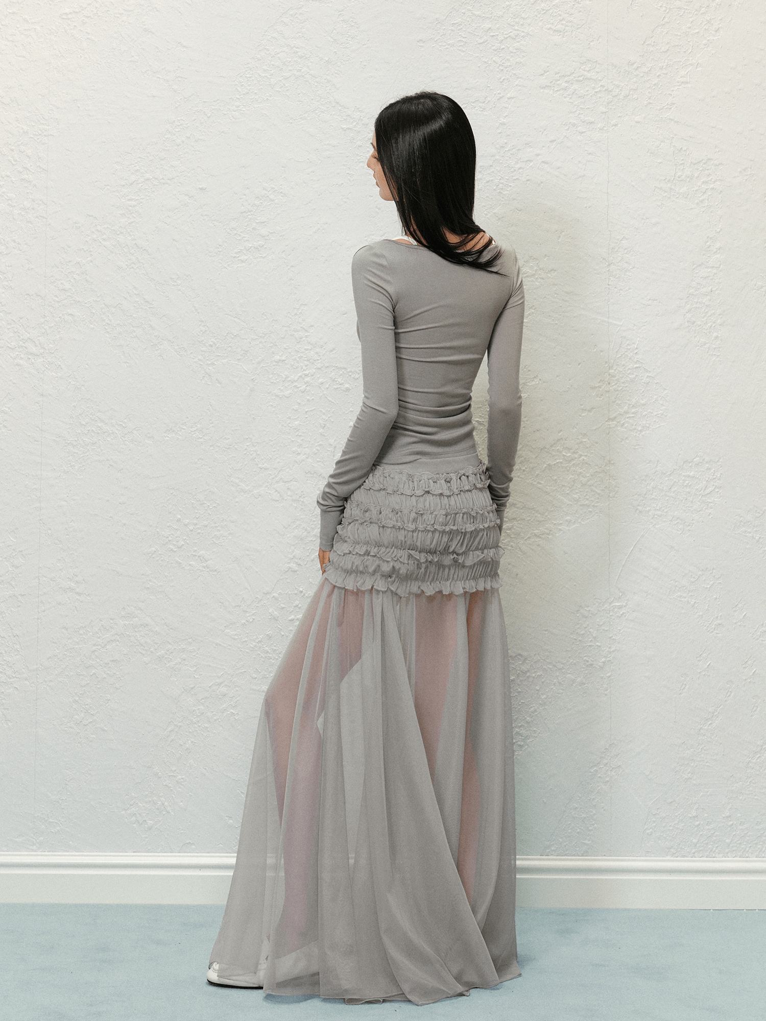Ruched Mesh Panel Maxi Skirt - COPPING THREADS - AGAM