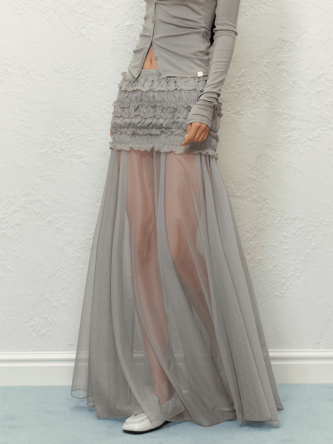 Ruched Mesh Panel Maxi Skirt Main Image