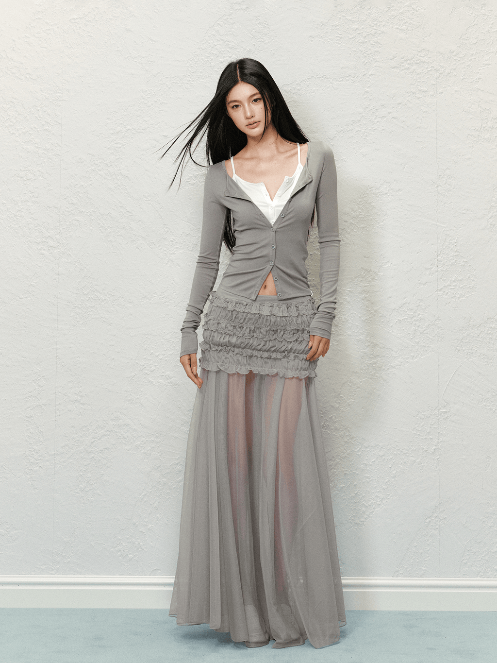 Ruched Mesh Panel Maxi Skirt - COPPING THREADS - AGAM