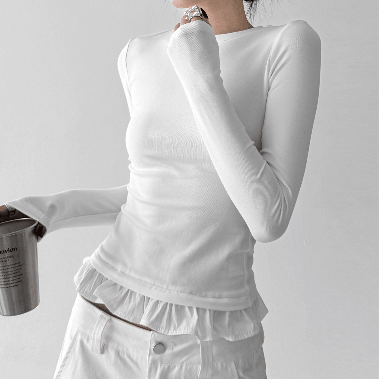 Ruffle Hem Fitted Long Sleeve Top - CT52154 - COPPING THREADS - CT Select