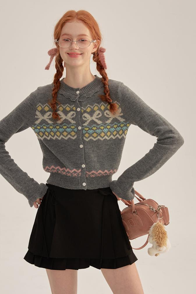 Ruffle Trim Bow Pattern Knit Cardigan - COPPING THREADS - CHICISLAND