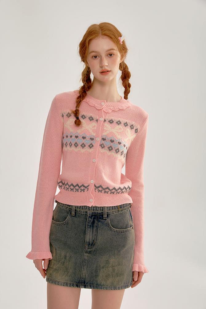 Ruffle Trim Bow Pattern Knit Cardigan - COPPING THREADS - CHICISLAND