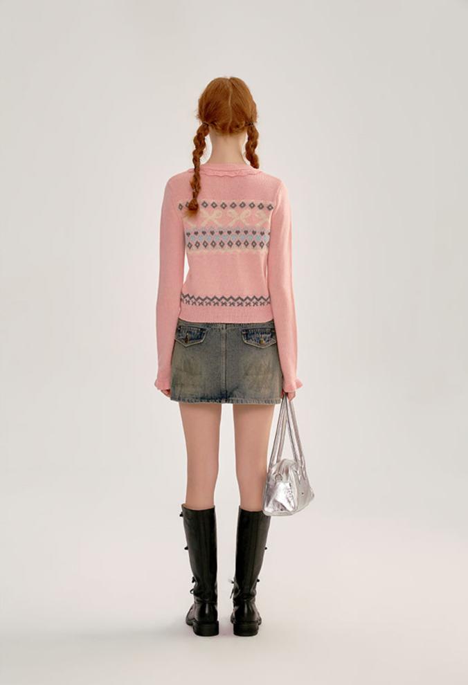 Ruffle Trim Bow Pattern Knit Cardigan - COPPING THREADS - CHICISLAND