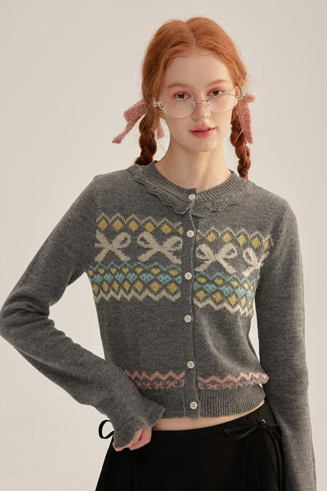 Ruffle Trim Bow Pattern Knit Cardigan - COPPING THREADS - CHICISLAND Hover Image