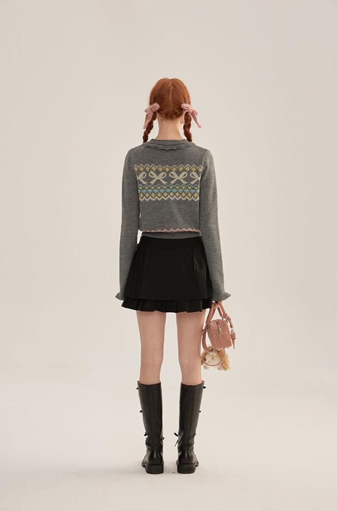 Ruffle Trim Bow Pattern Knit Cardigan - COPPING THREADS - CHICISLAND