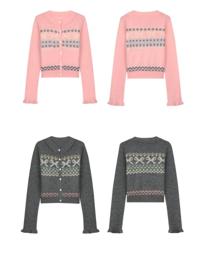 Ruffle Trim Bow Pattern Knit Cardigan - COPPING THREADS - CHICISLAND