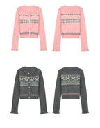 Ruffle Trim Bow Pattern Knit Cardigan - COPPING THREADS - CHICISLAND