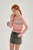 Ruffle Trim Bow Pattern Knit Cardigan - COPPING THREADS - CHICISLAND