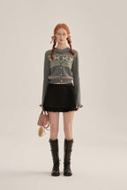 Ruffle Trim Bow Pattern Knit Cardigan - COPPING THREADS - CHICISLAND