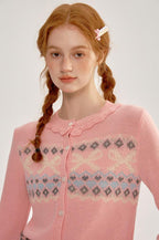 Ruffle Trim Bow Pattern Knit Cardigan - COPPING THREADS - CHICISLAND