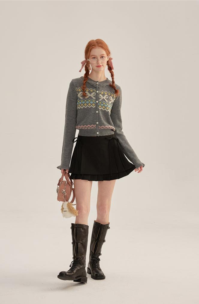 Ruffle Trim Bow Pattern Knit Cardigan - COPPING THREADS - CHICISLAND