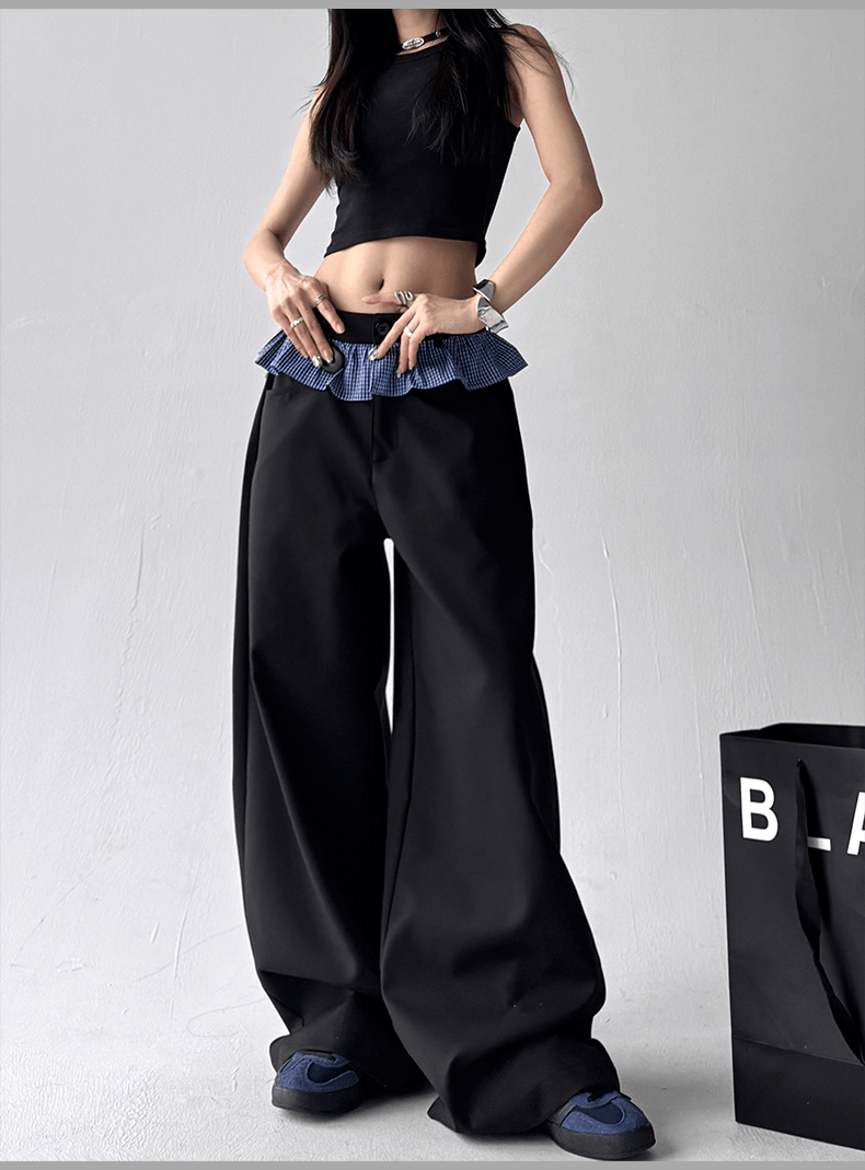 Flax Ruffle Wide Leg Ruffle Waist Pleated Wide-Leg Trousers – High Waist Tailored Pants for ...
