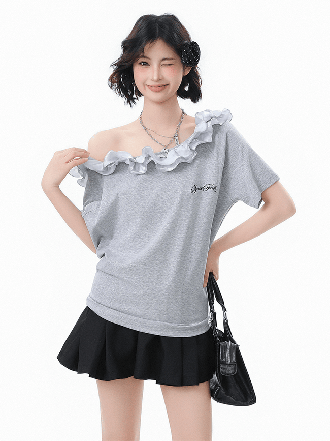 Ruffled Off - Shoulder Asymmetrical Tee - COPPING THREADS - CHICISLAND Hover Image