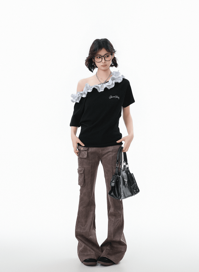 Ruffled Off-Shoulder Asymmetrical Tee Main Image