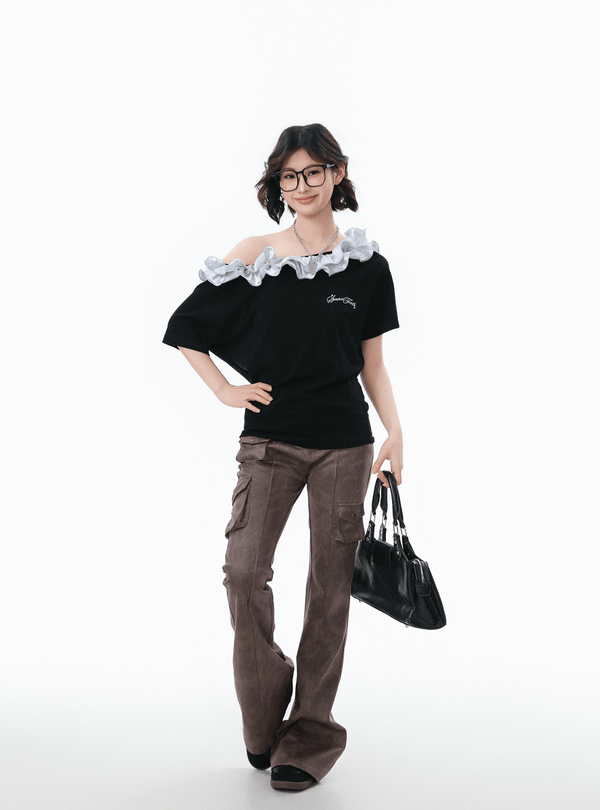Ruffled Off - Shoulder Asymmetrical Tee - COPPING THREADS - CHICISLAND