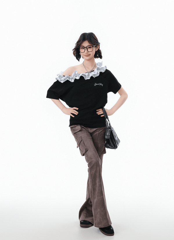 Ruffled Off - Shoulder Asymmetrical Tee - COPPING THREADS - CHICISLAND