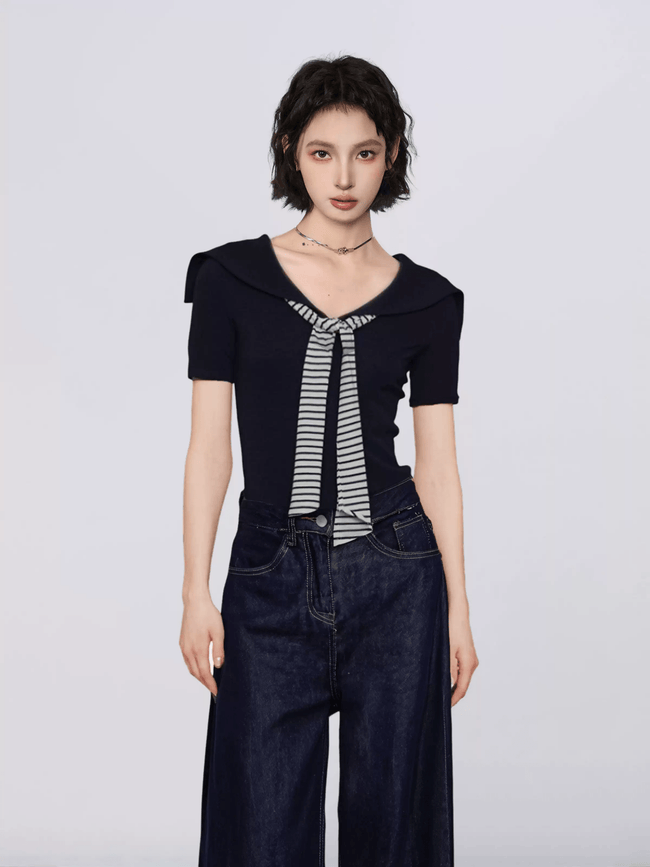 Sailor Collar Faux Layered V-Neck Tee Main Image