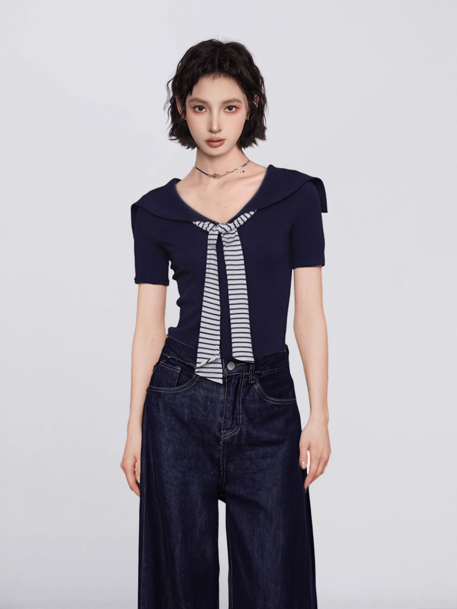 Sailor Collar Faux Layered V - Neck Tee - COPPING THREADS - CT Select