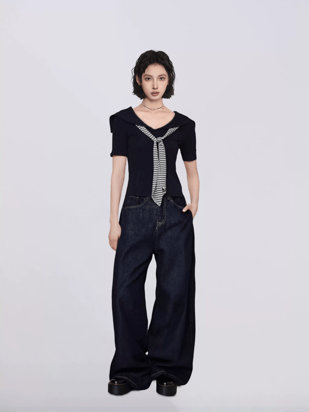 Sailor Collar Faux Layered V - Neck Tee - COPPING THREADS - CT Select