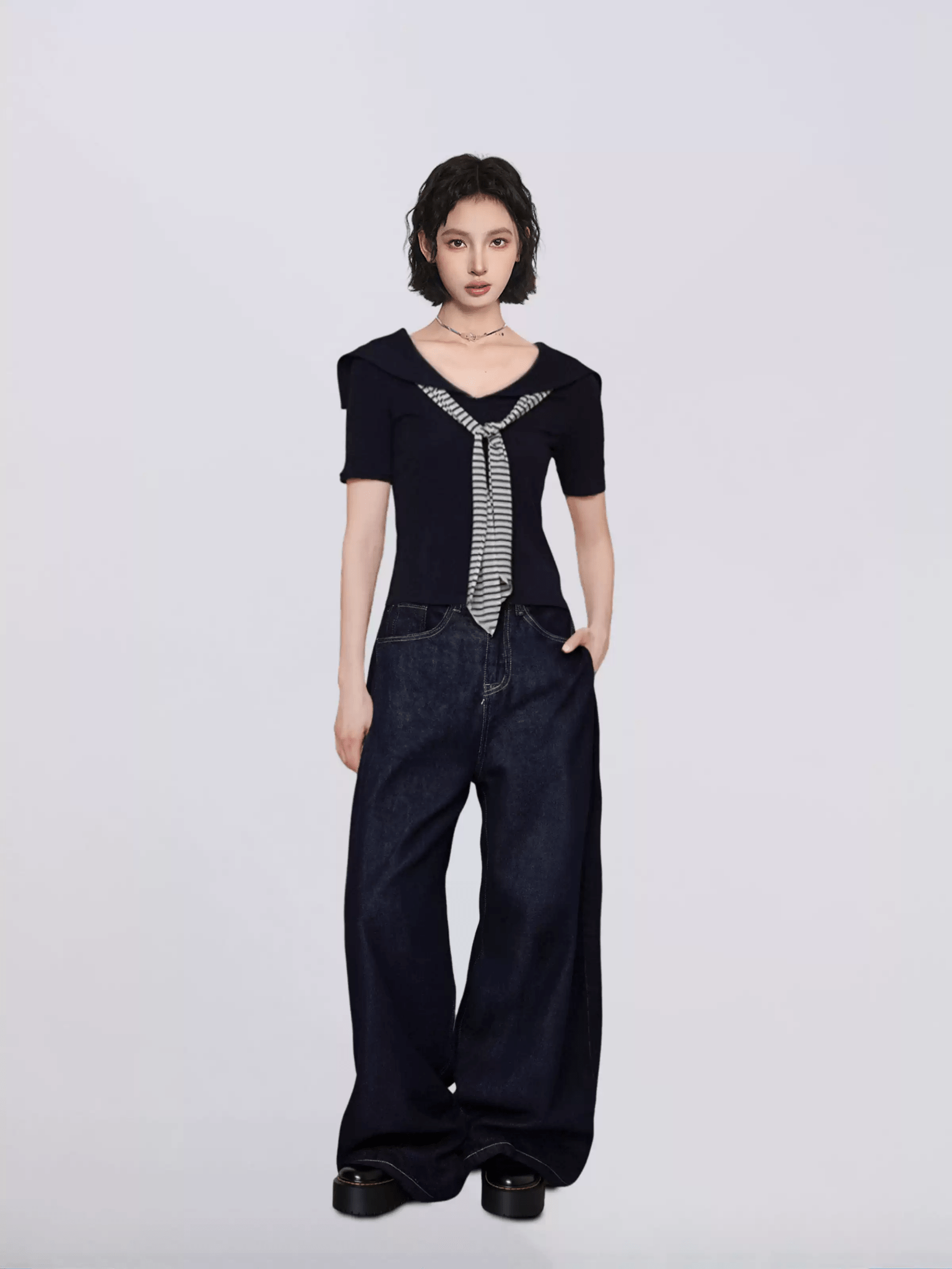 Sailor Collar Faux Layered V - Neck Tee - COPPING THREADS - CT Select