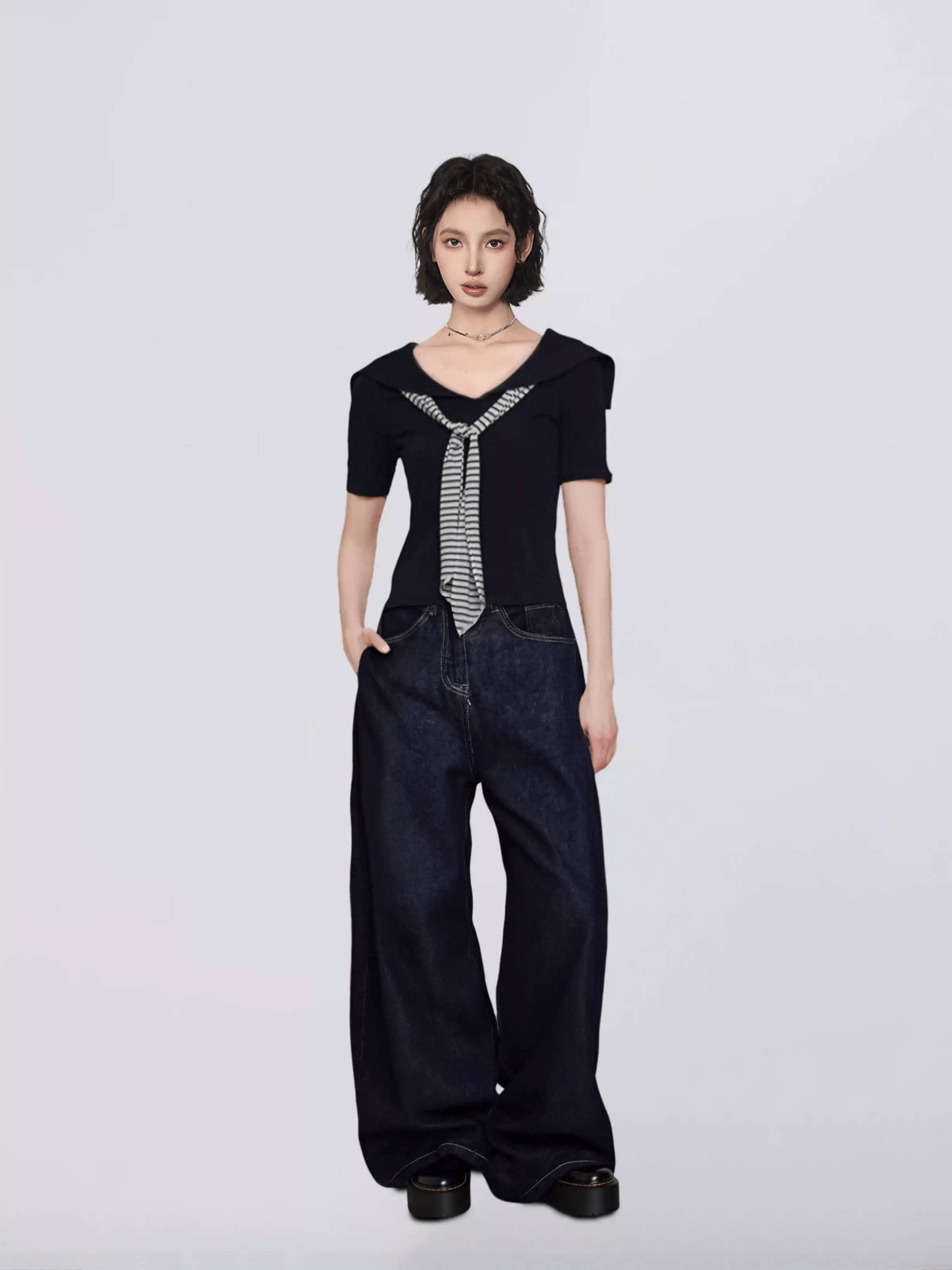 Sailor Collar Faux Layered V - Neck Tee - COPPING THREADS - CT Select