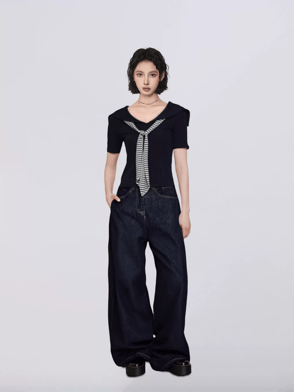 Sailor Collar Faux Layered V - Neck Tee - COPPING THREADS - CT Select