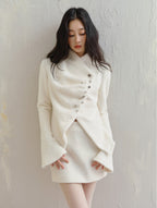 Silver Buckle Accents Fuzzy Knit Asymmetrical Placket Sweater - COPPING THREADS - SALTHE