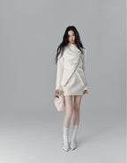 Silver Buckle Accents Fuzzy Knit Asymmetrical Placket Sweater - COPPING THREADS - SALTHE