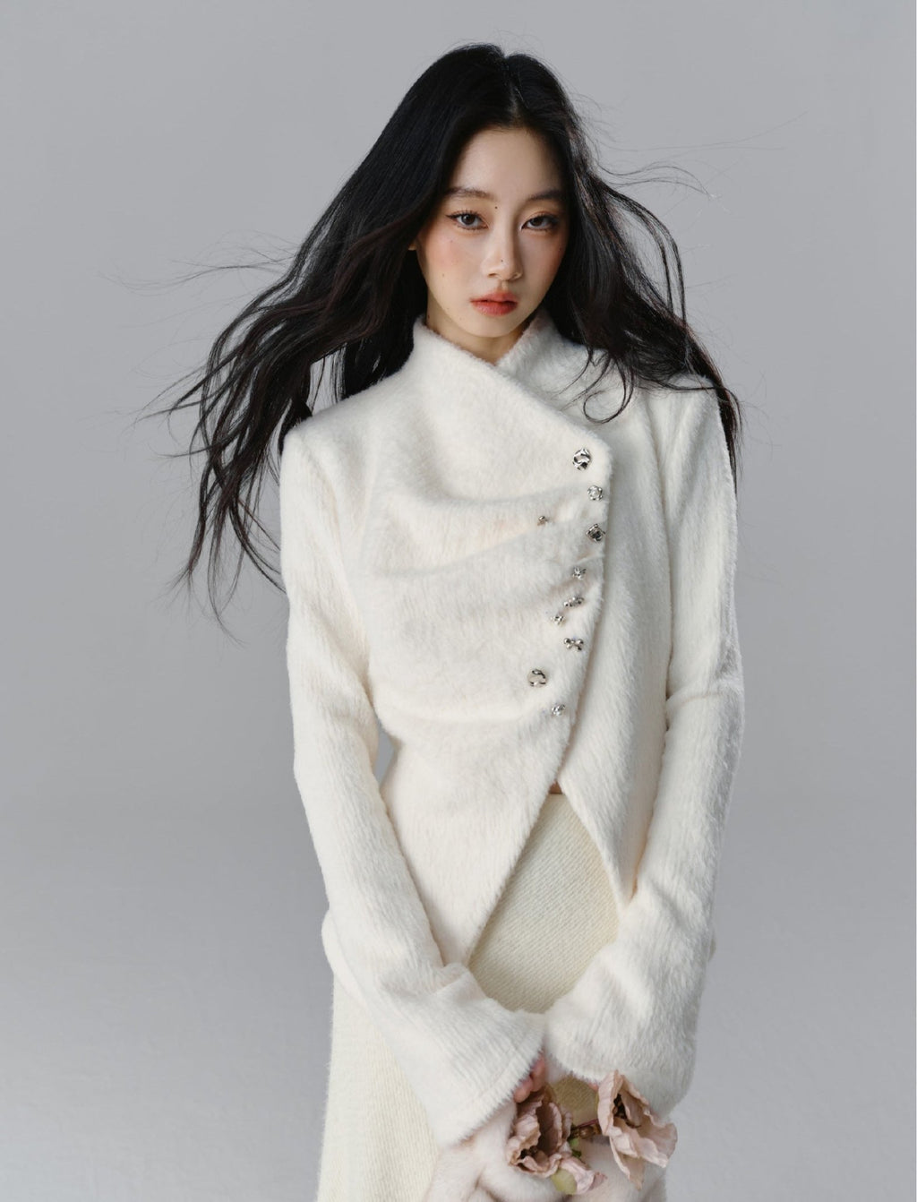 Silver Buckle Accents Fuzzy Knit Asymmetrical Placket Sweater - COPPING THREADS - SALTHE